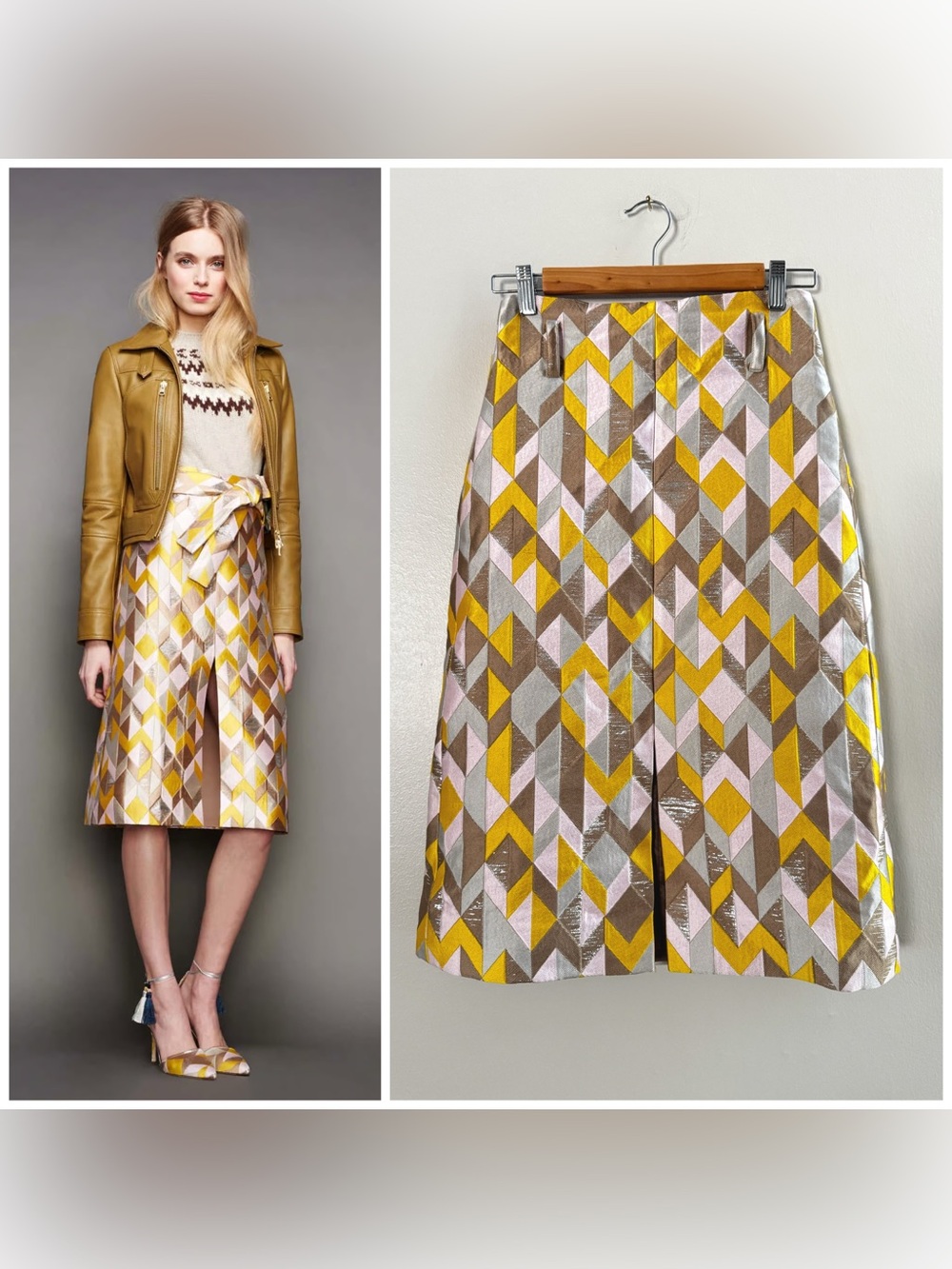 J CREW Geometric Chevron Jacquard Skirt 2015 Season NWT Size 00 Pink Yellow Tan